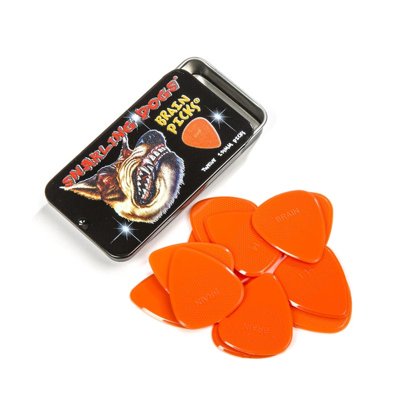 Snarling Dogs Brain TNSDB351 1.14 Guitar Picks, 12-Piece, Collectible Tin, Orange Nylon, 0 1.14mm - Image 1